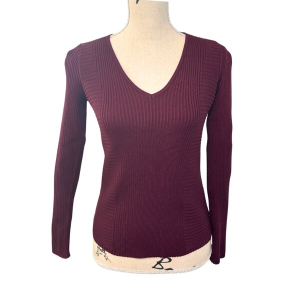 INC International Concepts V-Neck Ribbed Sweater Burgundy Size XS - Picture 1 of 7